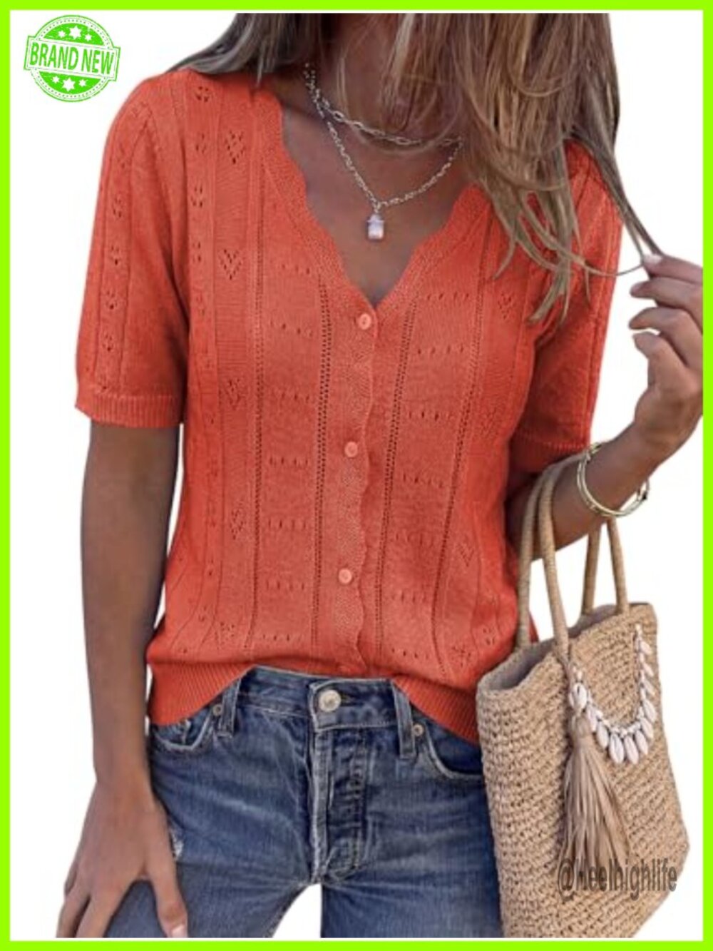 Womens Crochet Knit Button Down Cardigan Short Sleeve V Neck Lightweight Summer